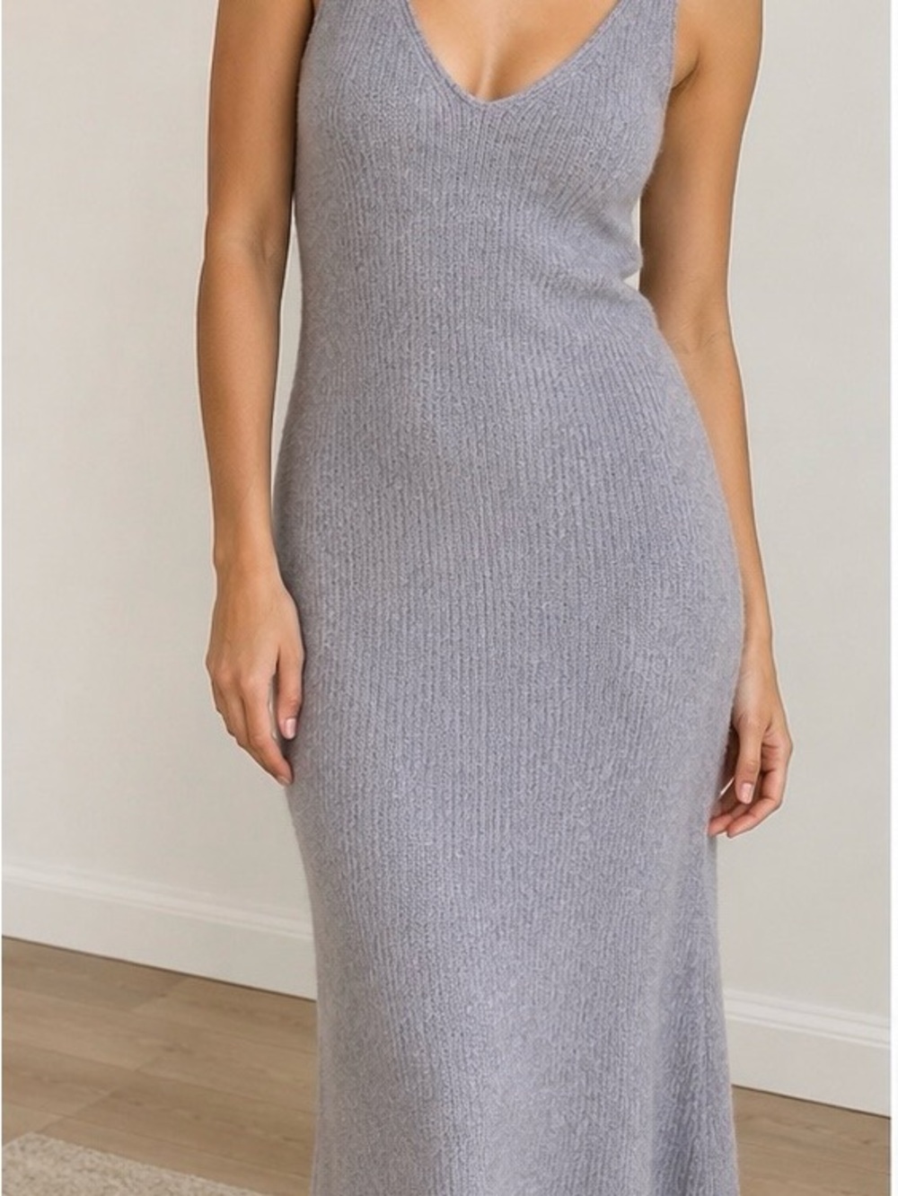 Zara Sleeveless V-Neck wool and alpaca Maxi Dress - Light Gray